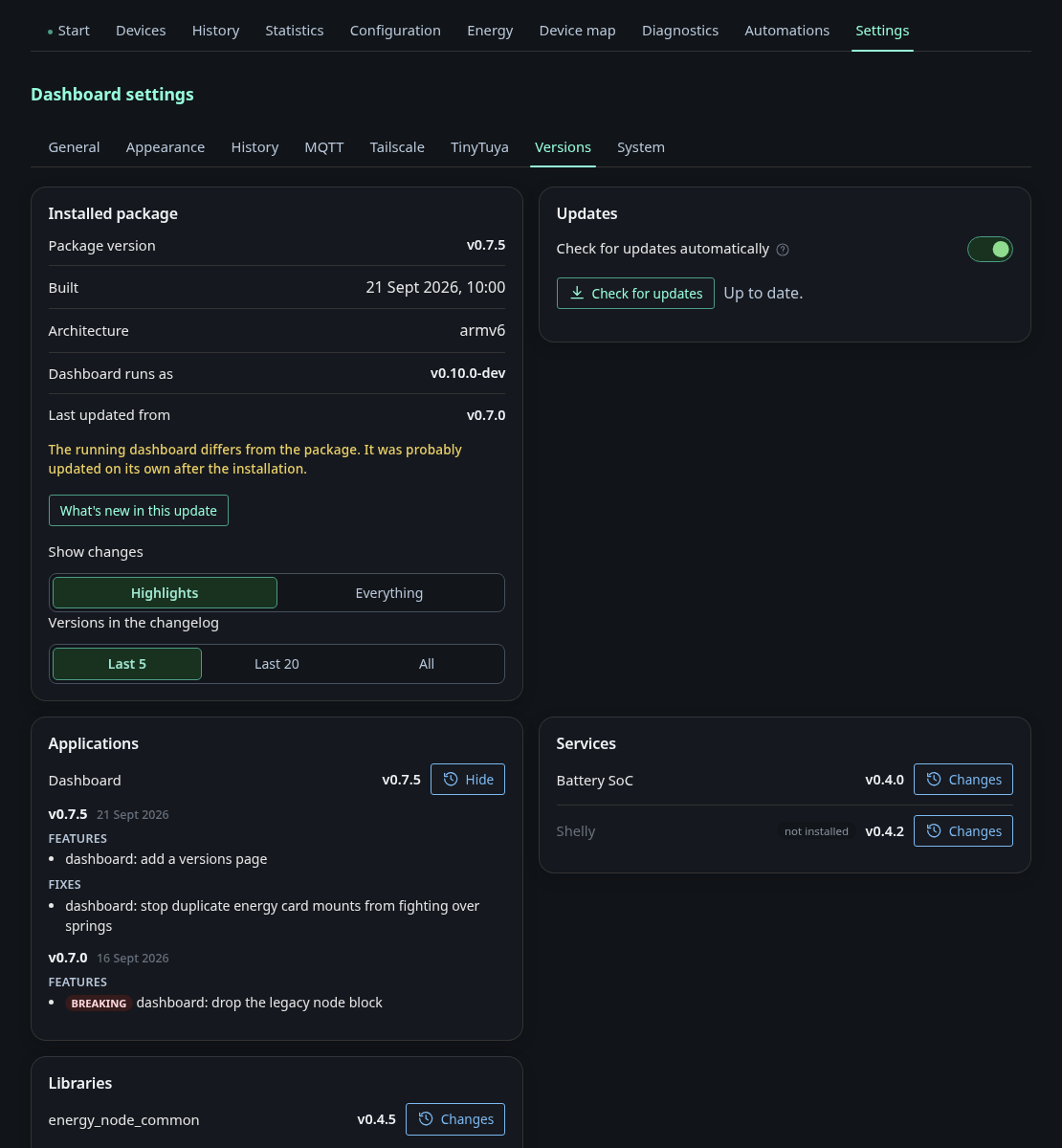 Versions settings