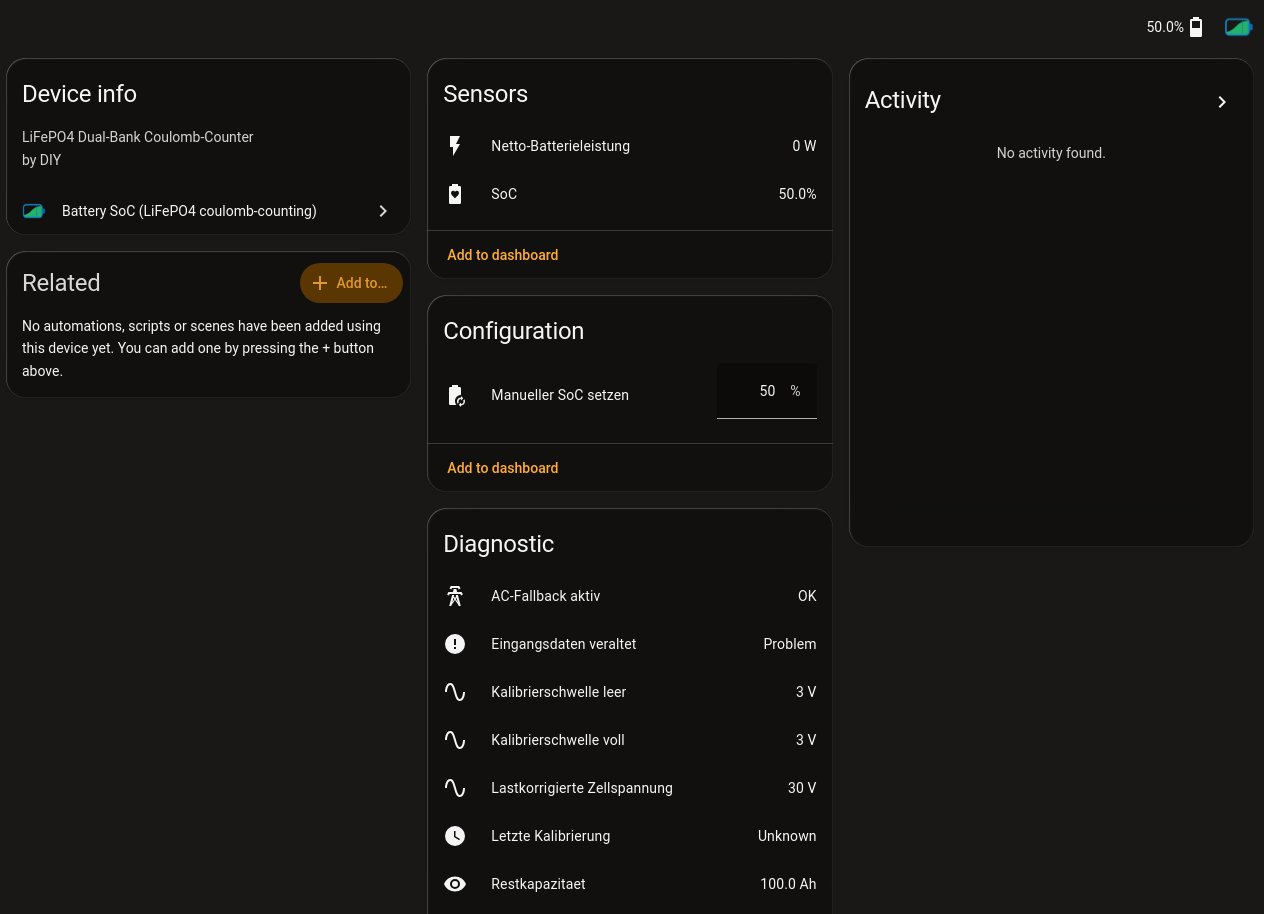 The Battery SoC device page in Home Assistant
