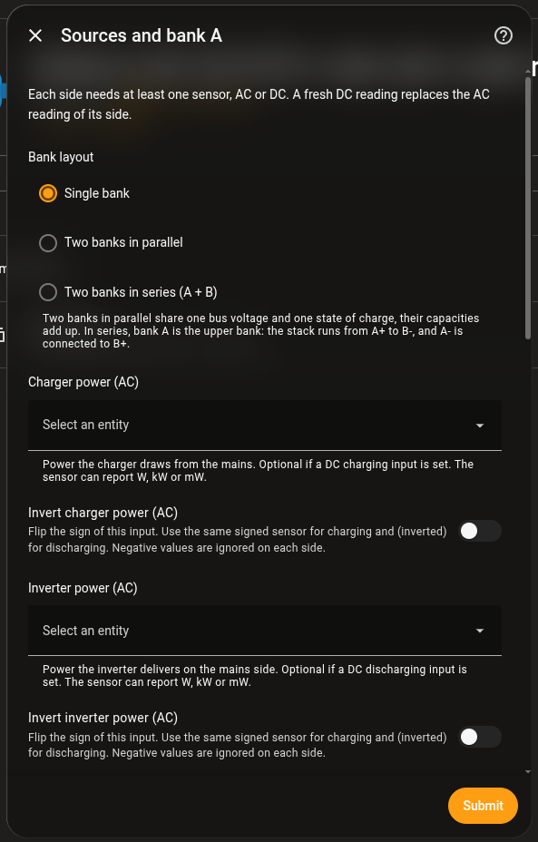 The setup step Sources and bank A