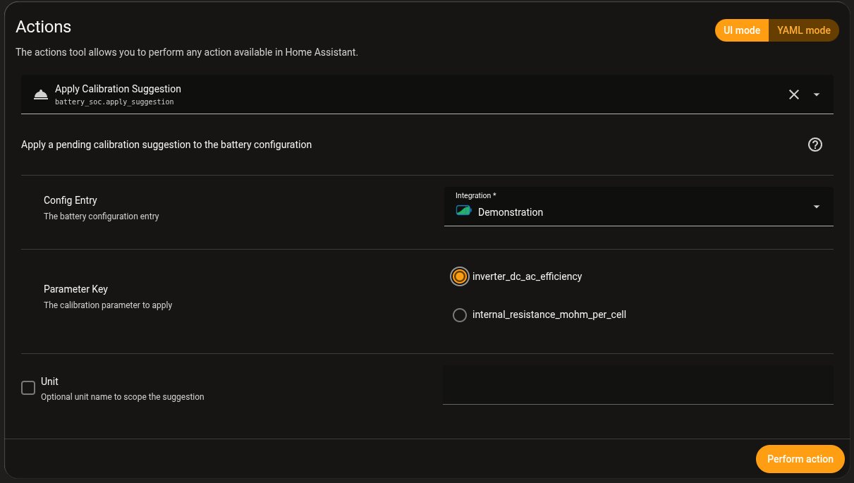 The action Apply Calibration Suggestion in the developer tools