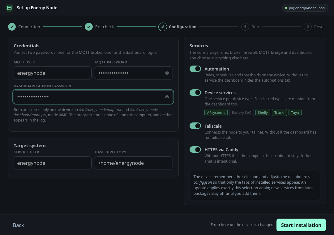 The configuration screen